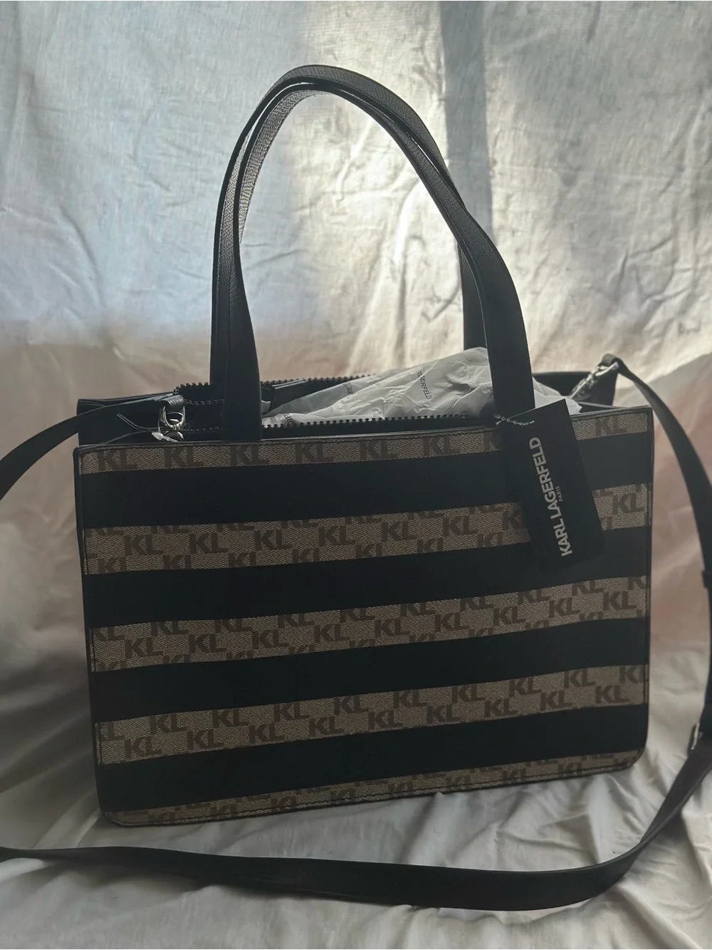 Karl Lagerfeld Black & Beige KL Logo Stripe Satchel with Character Patch